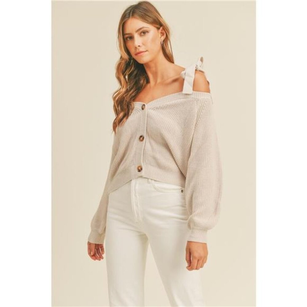 MABLE Off Shoulder Self Tie Strap Button Down Sweater‎